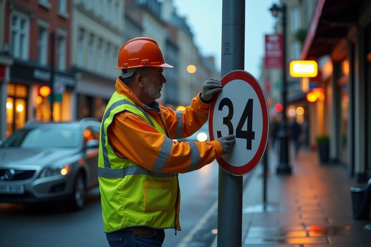 Technicien de voirie installant un panneau B34 rétroréfléchissant en milieu urbain au crépuscule pour une visibilité nocturne optimale