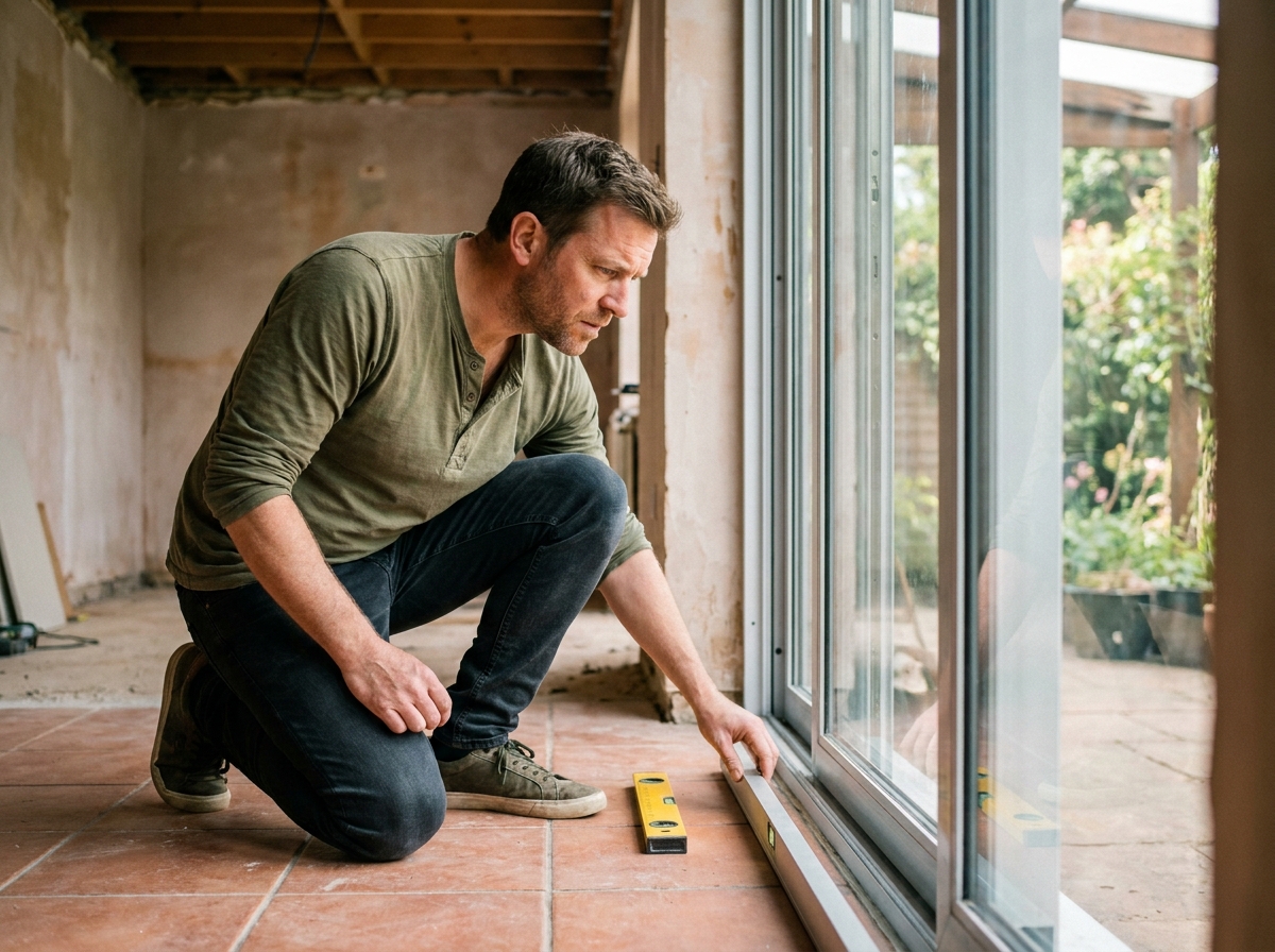 Homme installant une porte coulissante vitrée intérieure dans une maison en cours de rénovation