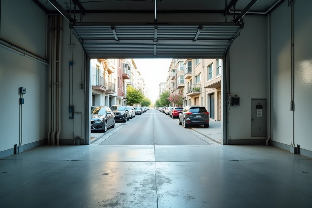Intérieur d'un box garage individuel avec porte relevable entrouverte donnant sur une rue urbaine, prêt à la location