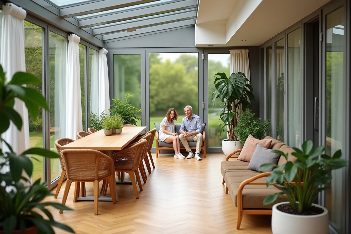 Intérieur d'une véranda de 40m2 aménagée en espace de vie avec table en rotin et plantes vertes