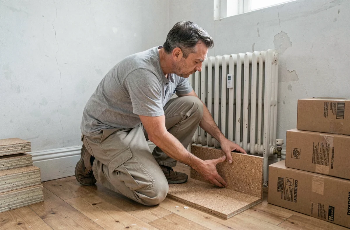 Homme posant des panneaux d'isolation en liège recyclé dans une maison ancienne en cours de rénovation durable