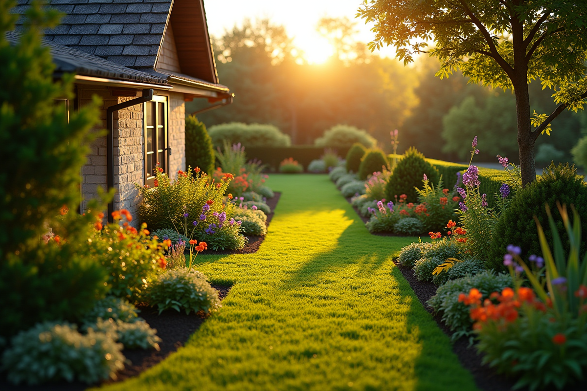 Jardin luxuriant avec parterres fleuris bien entretenus en fin de journée