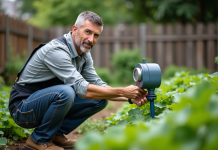 Homme d'âge moyen ajustant un programmateur d'arrosage dans un jardin