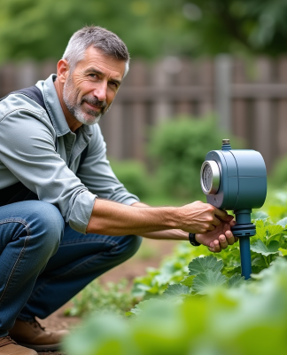 Homme d'âge moyen ajustant un programmateur d'arrosage dans un jardin