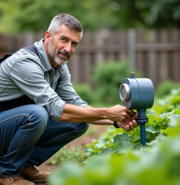 Réglage minuterie d’irrigation : quel est le temps idéal ? Homme d'âge moyen ajustant un programmateur d'arrosage dans un jardin