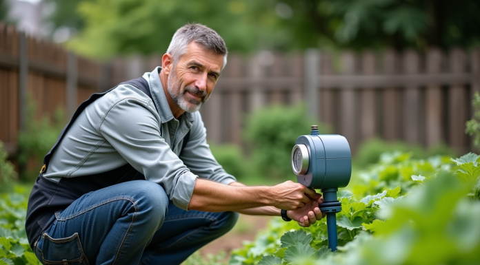 Homme d'âge moyen ajustant un programmateur d'arrosage dans un jardin