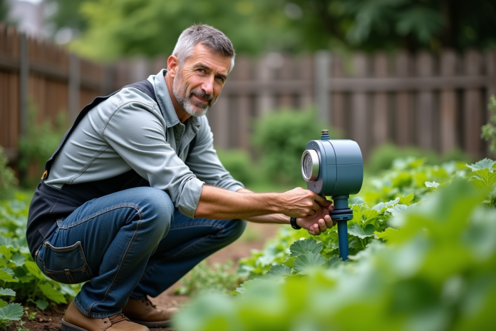 jardinier-arrosage-timer Homme d'âge moyen ajustant un programmateur d'arrosage dans un jardin