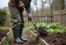 Fumier de mouton au jardin : conseils, avantages et précautions à prendre Homme jardinier étalant du fumier avec une fourche dans un potager