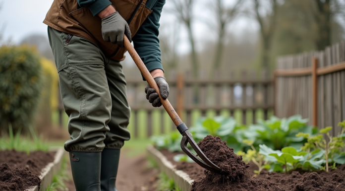 Homme jardinier étalant du fumier avec une fourche dans un potager