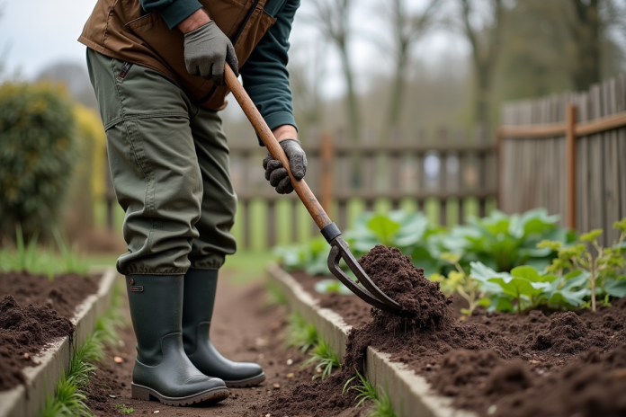 Homme jardinier étalant du fumier avec une fourche dans un potager