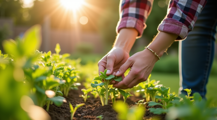 Mains de jardinier arrachant des mauvaises herbes dans un jardin ensoleille
