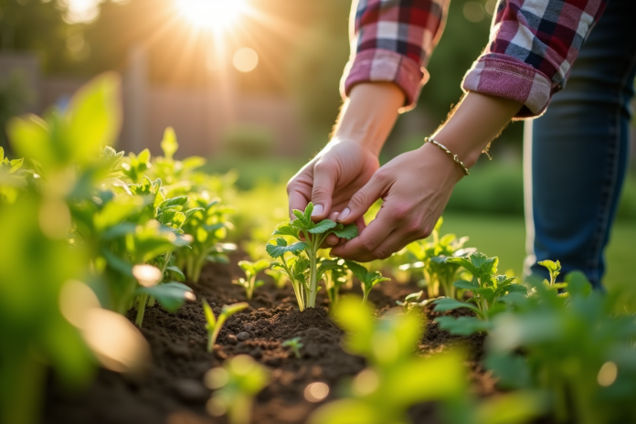 Mains de jardinier arrachant des mauvaises herbes dans un jardin ensoleille