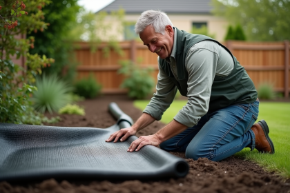 Homme en jardinage posant sur un sol avec toile antiweed