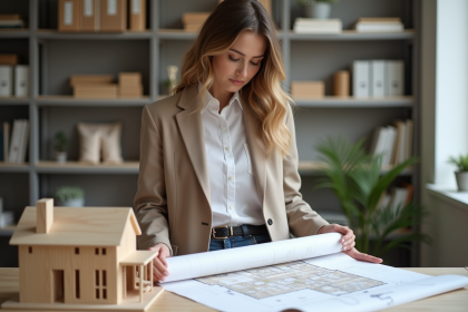 Jeune architecte avec plan et maquette de maison