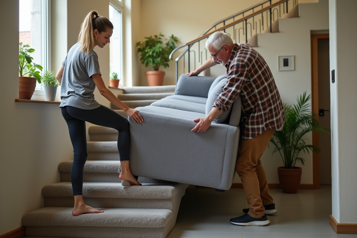 Une jeune femme aide à tourner un canapé gris dans un escalier