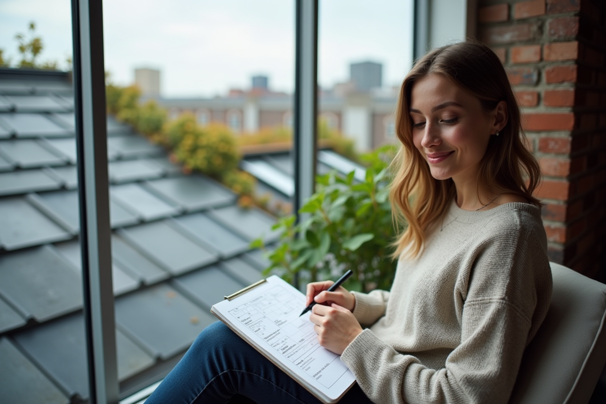 Jeune femme esquissant plans de toiture près d une fenêtre