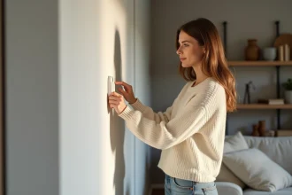 Jeune femme ajuste un variateur de lumière dans un intérieur scandinave