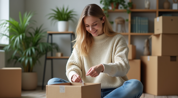 Jeune femme emballant une boxe dans un appartement