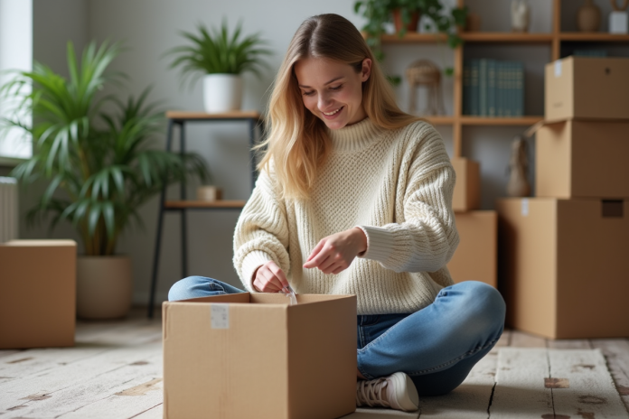 Jeune femme emballant une boxe dans un appartement