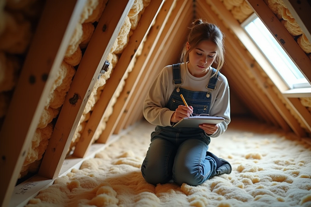 Jeune femme notant des mesures sur une isolation dans un grenier