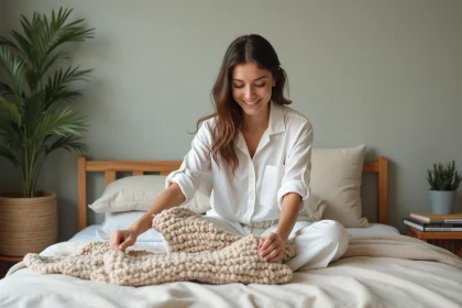 Jeune femme arrangeant une couverture dans sa chambre cosy