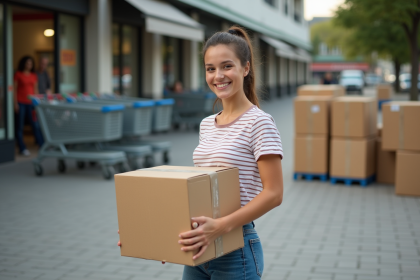 Jeune femme souriante collecte cartons recyclables en extérieur
