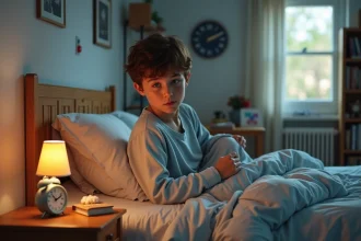 Adolescent garçon se réveillant doucement avec son réveil matin