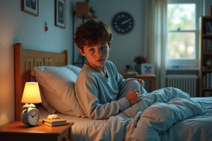 Adolescent garçon se réveillant doucement avec son réveil matin