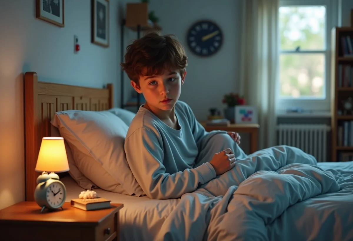 Adolescent garçon se réveillant doucement avec son réveil matin