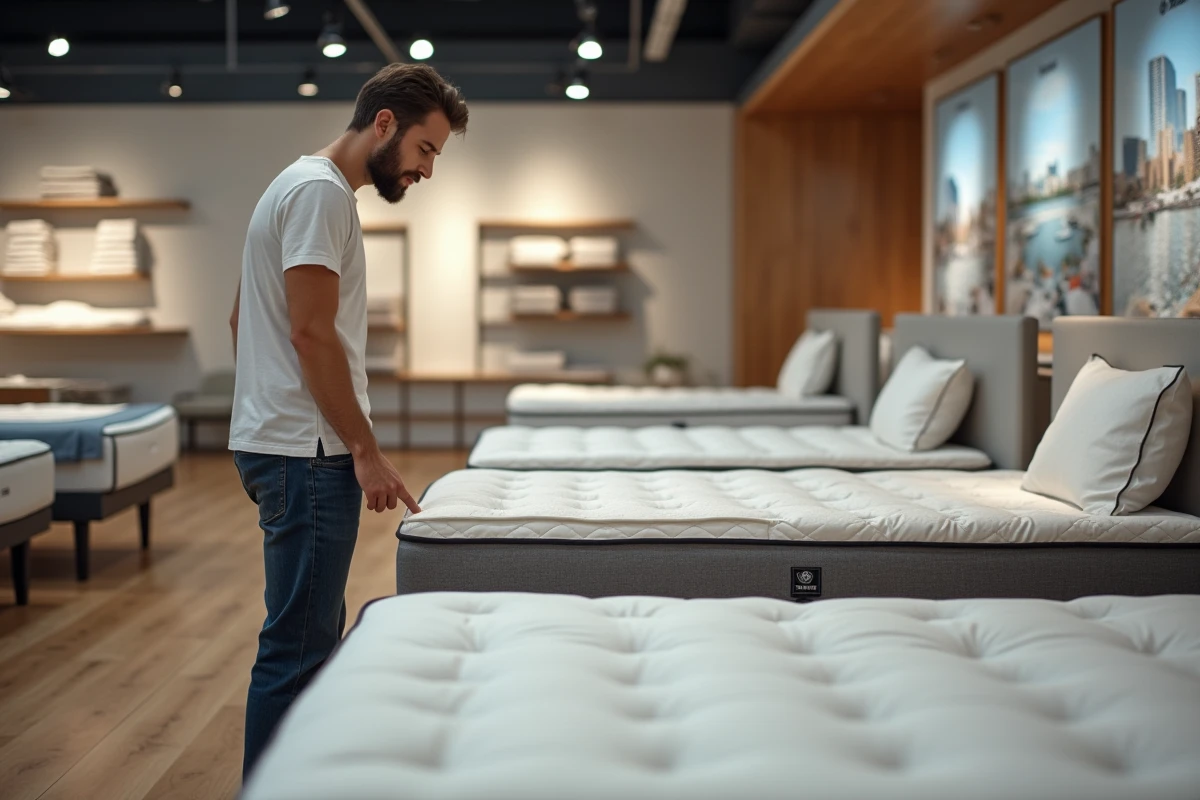 Jeune homme examinant un matelas en magasin moderne