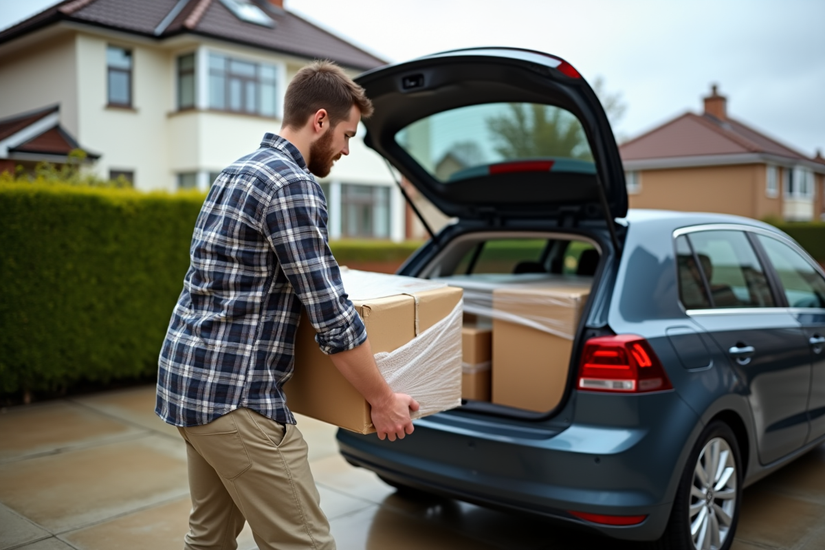 Jeune homme déplaçant un colis dans une cour résidentielle