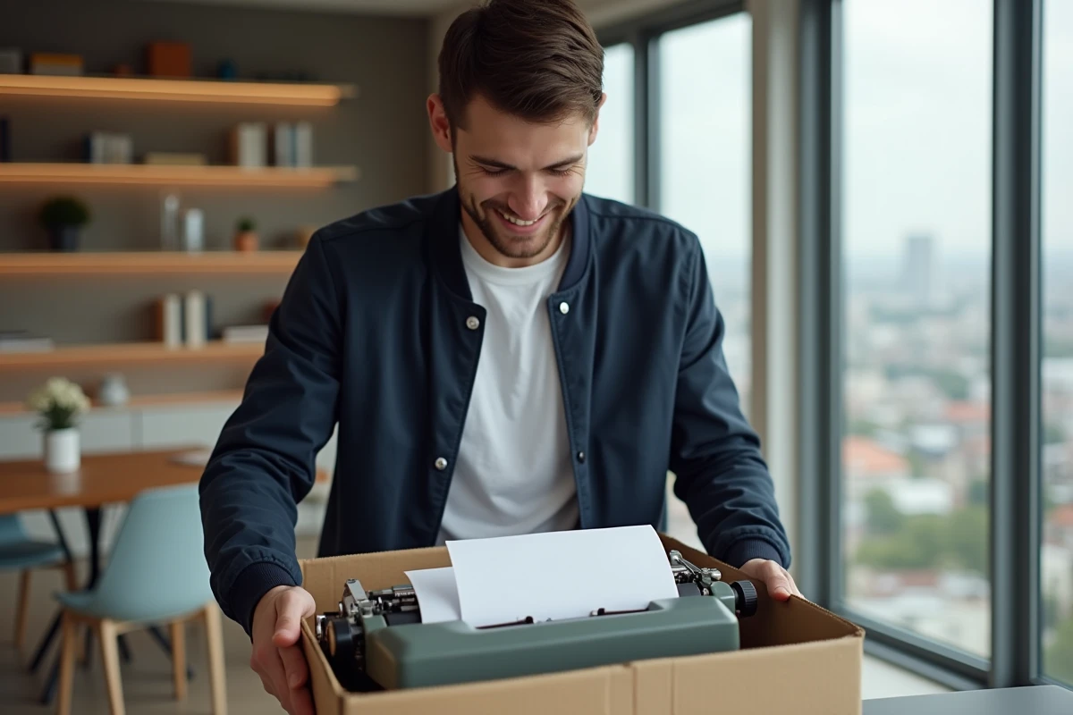 Jeune homme déballant une machine à écrire vintage dans un appartement moderne