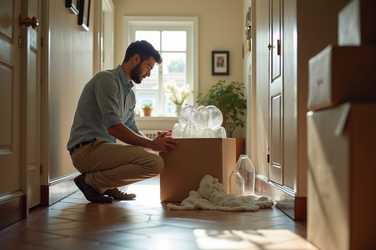 Jeune homme emballant des figurines dans une pièce ensoleillée