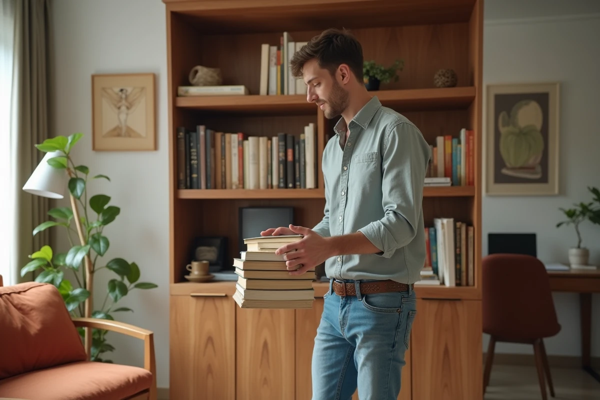 Jeune homme rangeant des livres sur une cloison en bois