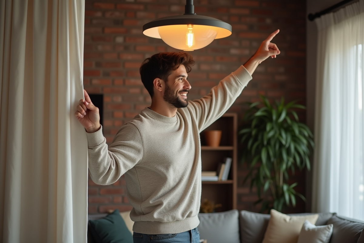 Jeune homme ajuste un rideau dans un salon cosy