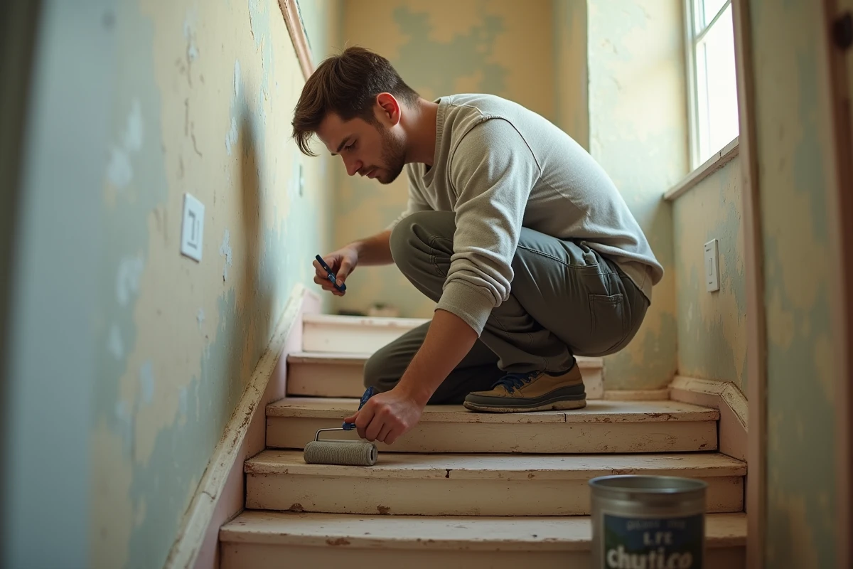 Jeune homme peignant un escalier ancien dans un couloir lumineux