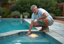 Éclairage de piscine : Comment choisir entre 12 V et 120 V ? Homme d'âge moyen près de la piscine avec éclairages LED