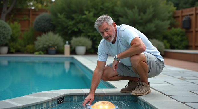 Homme d'âge moyen près de la piscine avec éclairages LED
