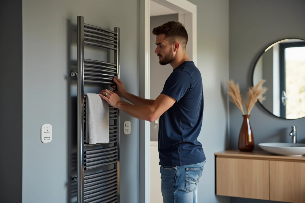 Jeune homme ajustant un radiateur électrique design dans la salle de bain
