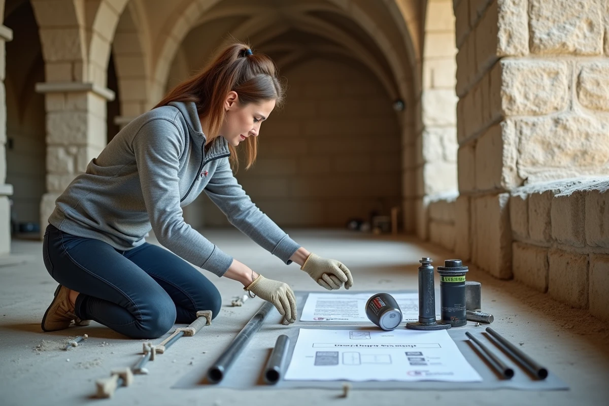 Professionnelle de la rénovation préparant un kit de scellement chimique devant un mur en pierre historique