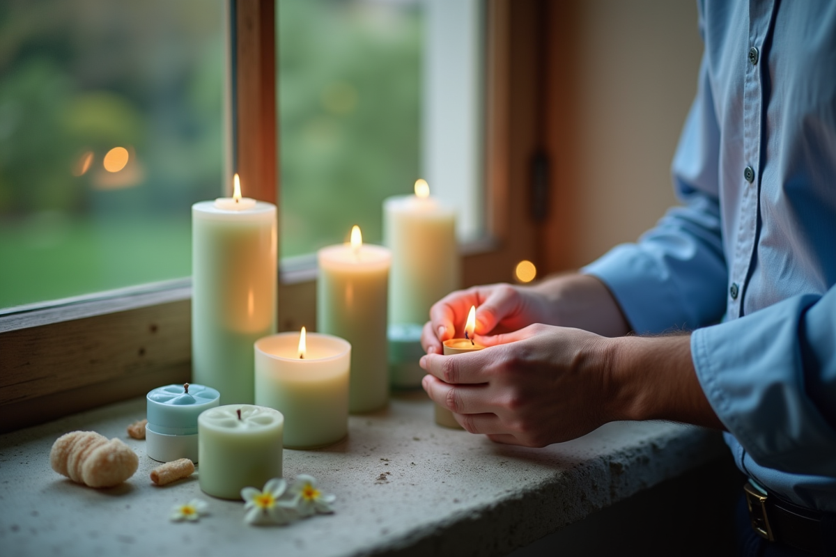 Homme allumant une bougie verte sur une fenêtre en pierre