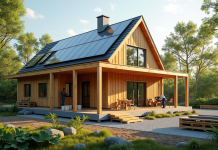 Maison écologique en construction avec panneaux solaires et bois
