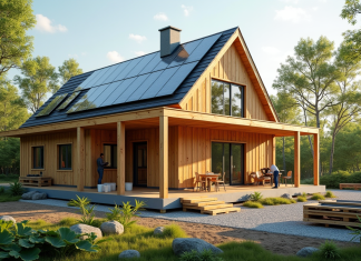 Construction durable : Techniques et astuces pour un habitat écologique Maison écologique en construction avec panneaux solaires et bois
