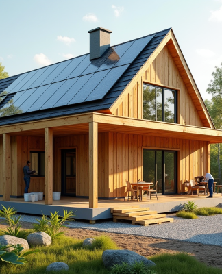 Maison écologique en construction avec panneaux solaires et bois