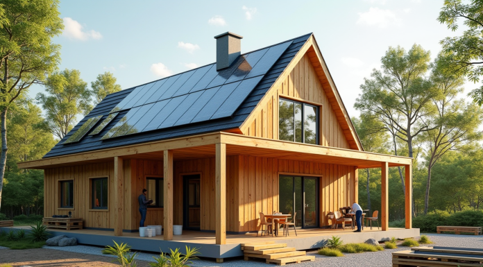 Maison écologique en construction avec panneaux solaires et bois