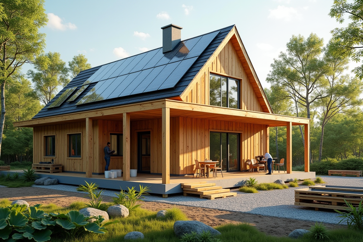 Maison écologique en construction avec panneaux solaires et bois