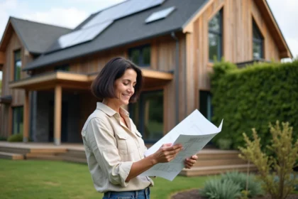 Femme devant une maison écologique durable avec panneaux solaires et mur végétal