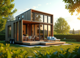 Maison tiny moderne en style scandinave dans un jardin verdoyant