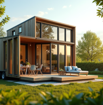 Prix tiny house IKEA : Coût, modèles et aménagement en France Maison tiny moderne en style scandinave dans un jardin verdoyant