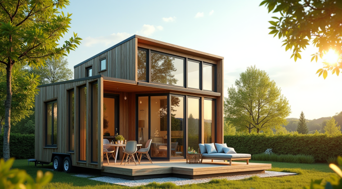 Maison tiny moderne en style scandinave dans un jardin verdoyant